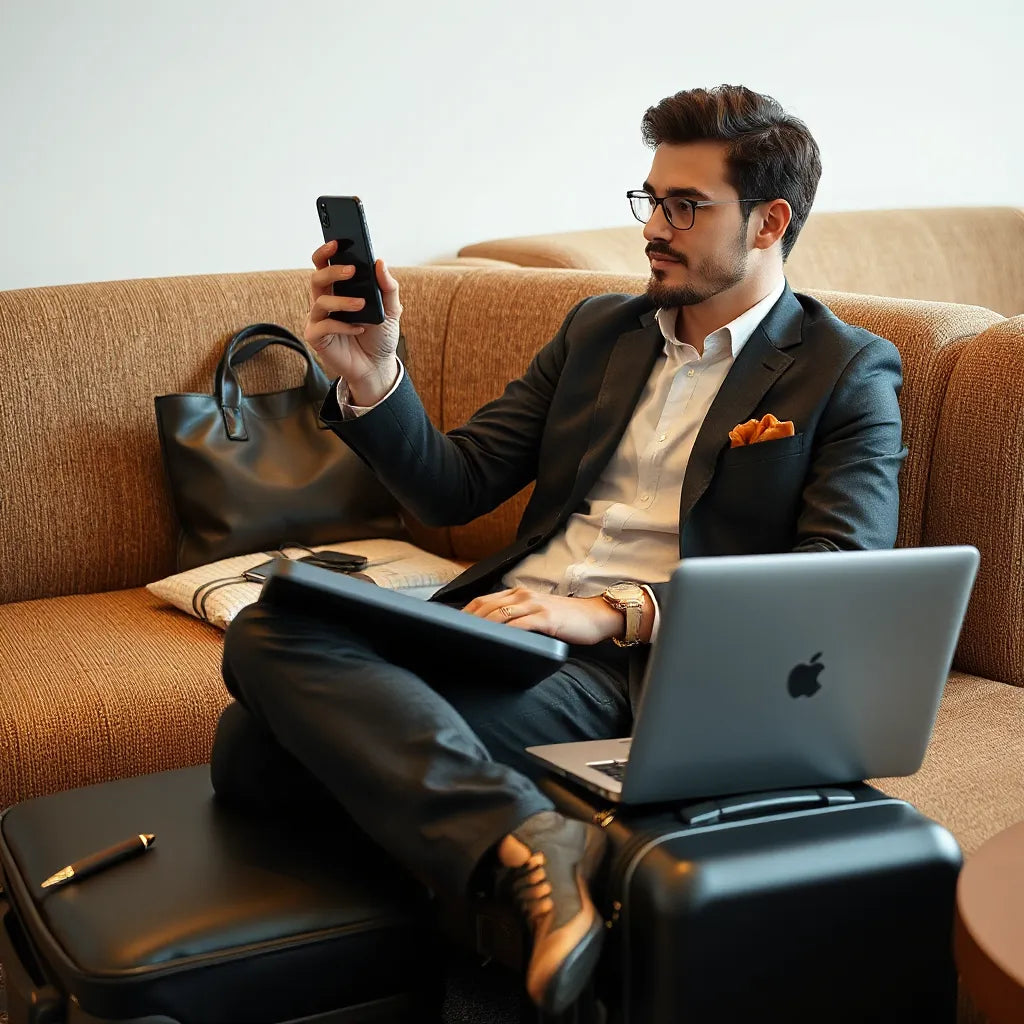 Business traveler in an airport lounge using a smartphone to stay connected for an upcoming trip