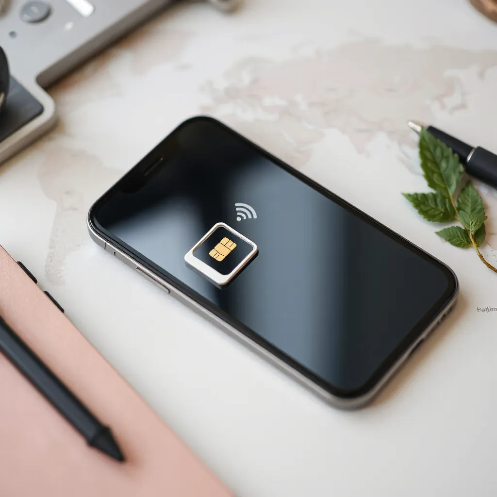 Smartphone on a desk with an eSIM card tray and wireless connection indicators