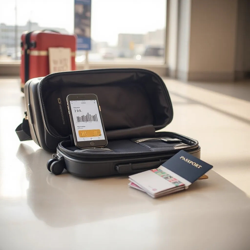 Smartphone showing data signal beside travel essentials for choosing a short-trip data plan