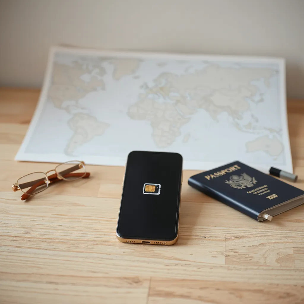 Smartphone and passport on a table with a subtle world map showing multiple connected regions for multi-country eSIMs