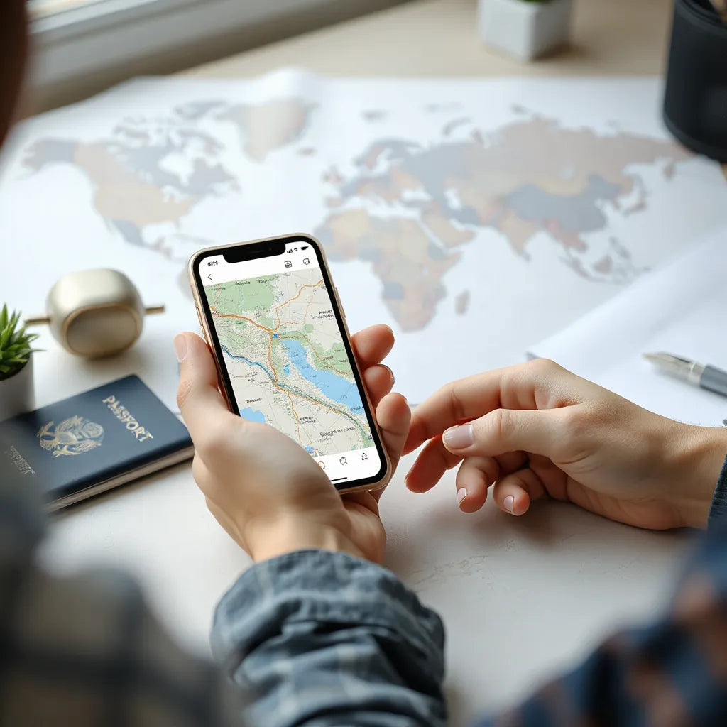 Traveler’s smartphone showing a map while planning international connectivity at a desk