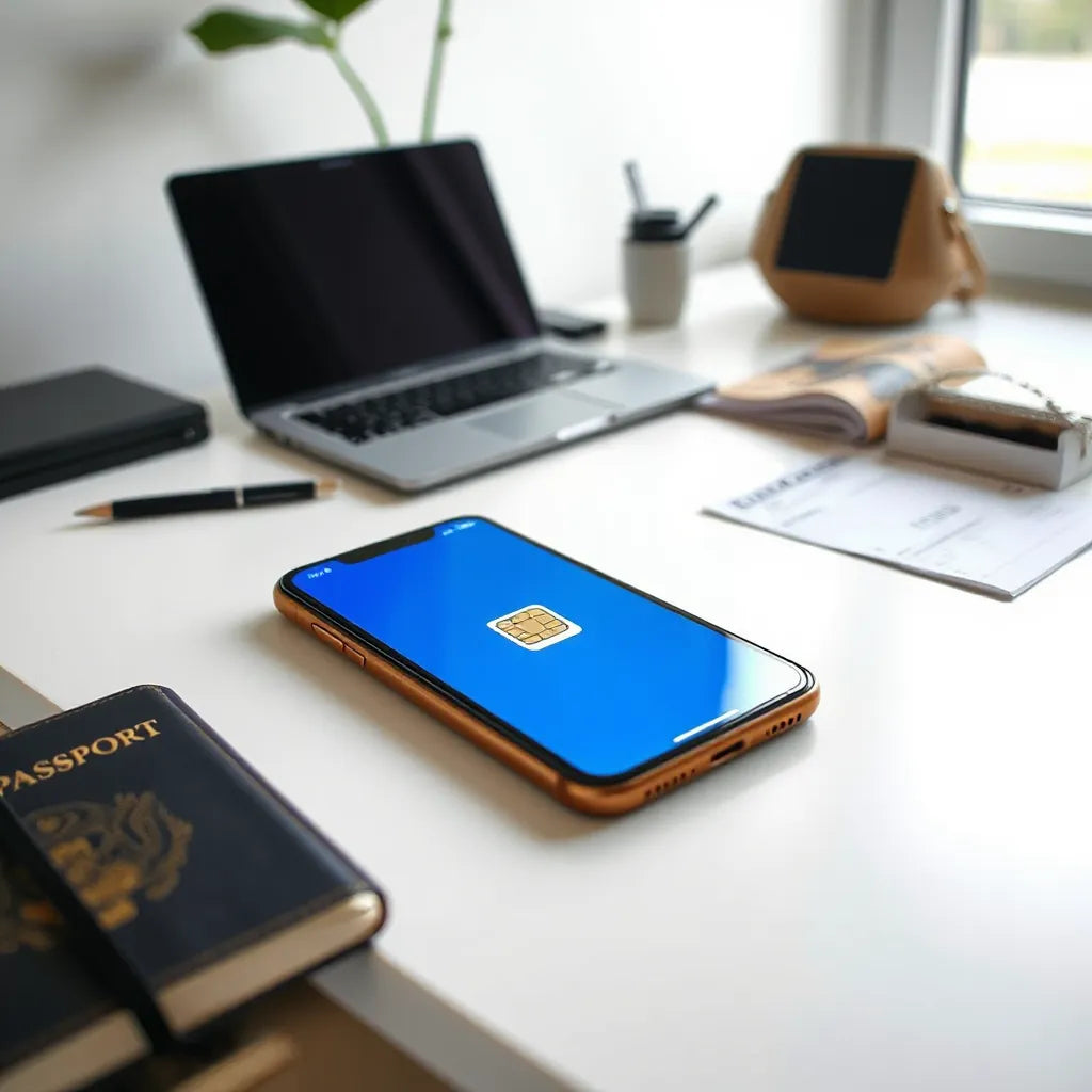 Smartphone displaying eSIM activation flow next to a passport and travel documents on a clean desk