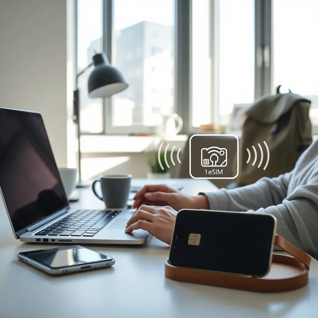 Remote worker in a home office with a laptop and smartphone showing cellular connectivity