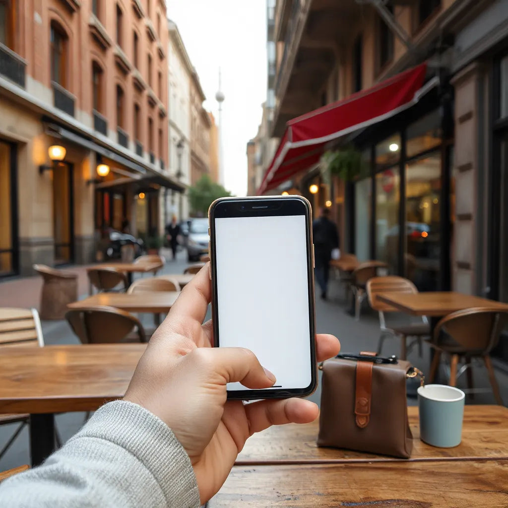 Smartphone in hand near a city street, with subtle network coverage signals in the background