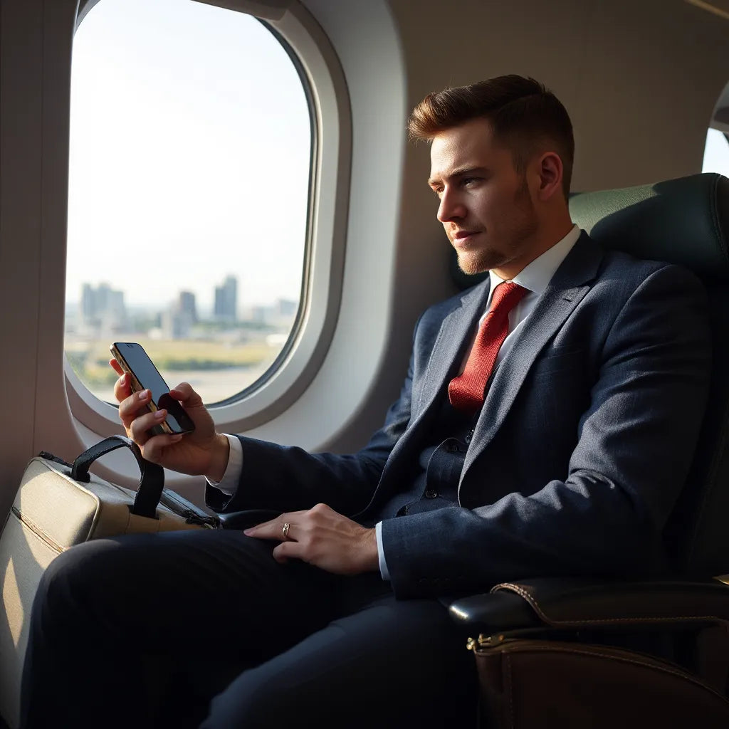 Business traveler using a smartphone by an airport window to stay connected during international travel