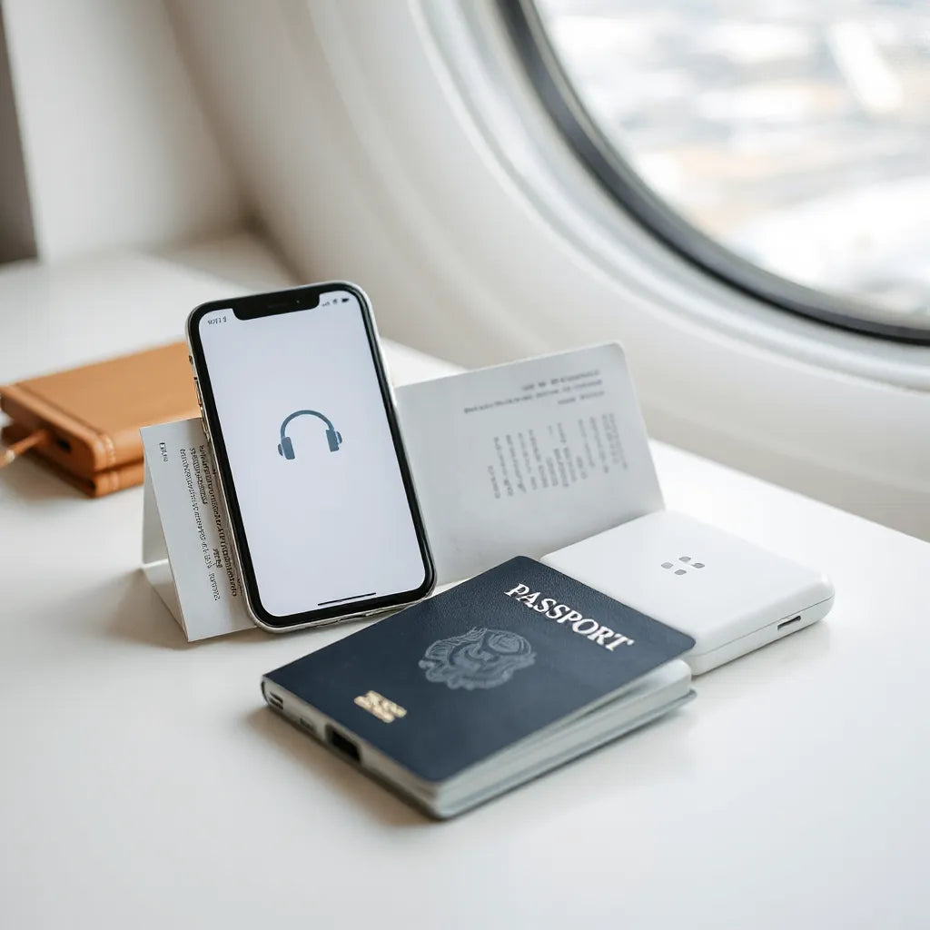 Smartphone and travel essentials arranged on a desk with an airplane window view in the background