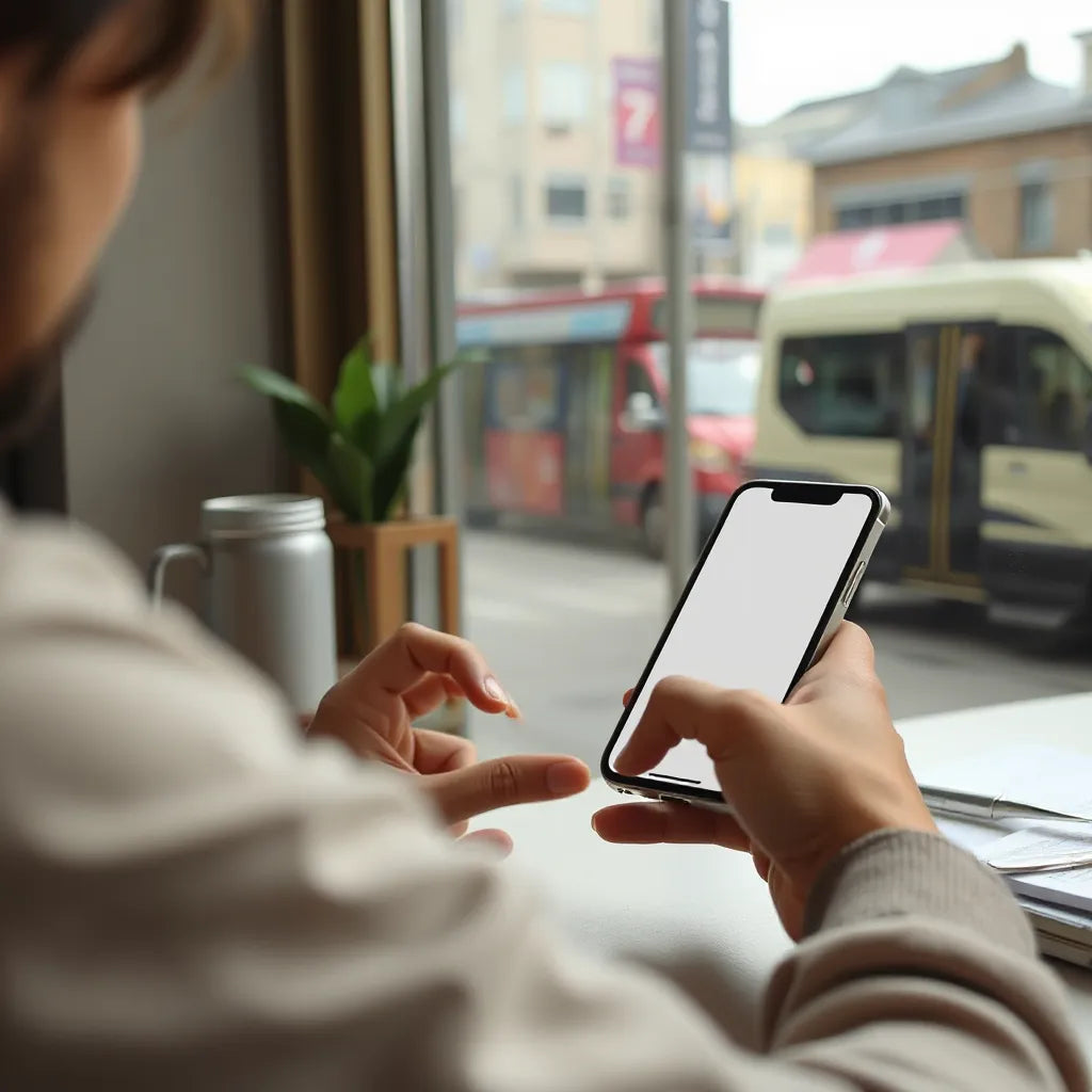 Person checking a smartphone for mobile data while sitting in a cafe near a window