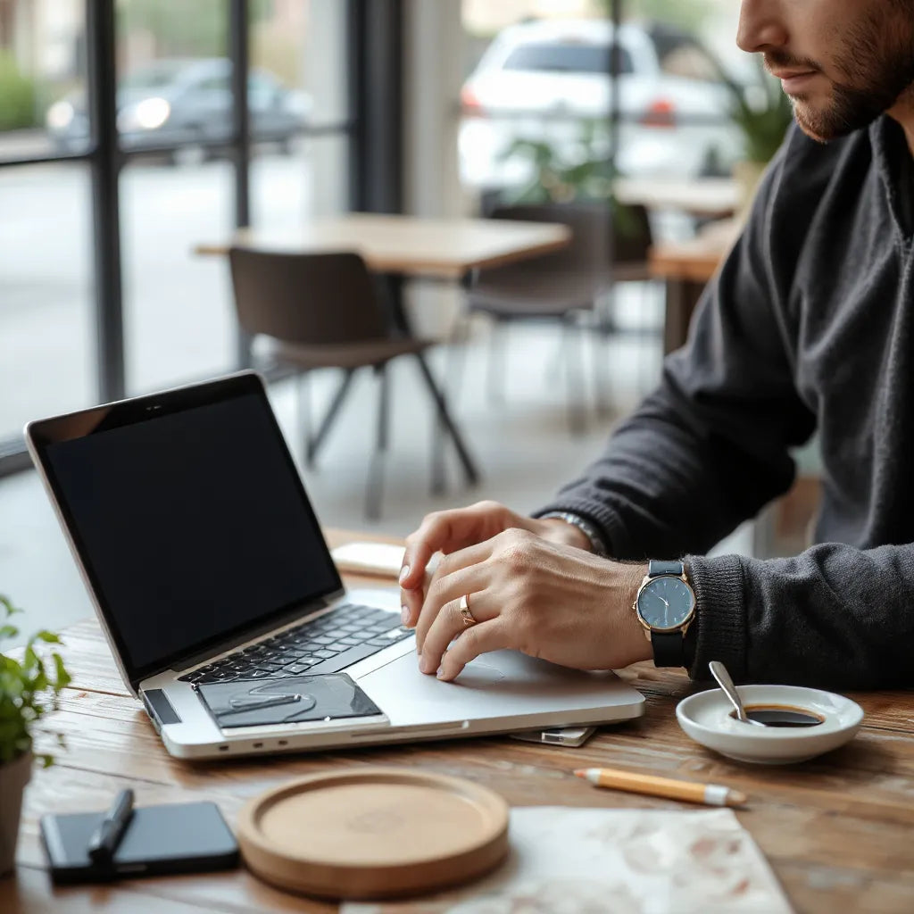 Remote worker using a laptop and smartphone in a café with an active cellular connection