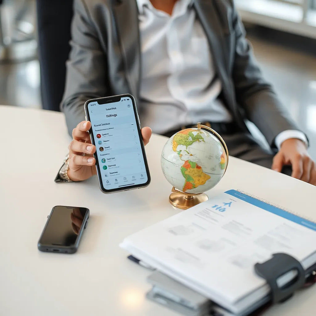 Traveler reviewing eSIM settings on a phone with a globe and itinerary on a table at an airport