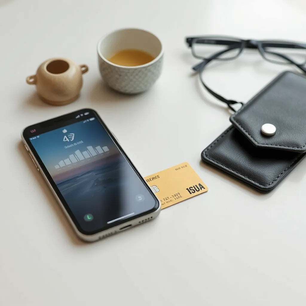 Smartphone with signal bars beside a minimalist data card and travel wallet on a neutral desk