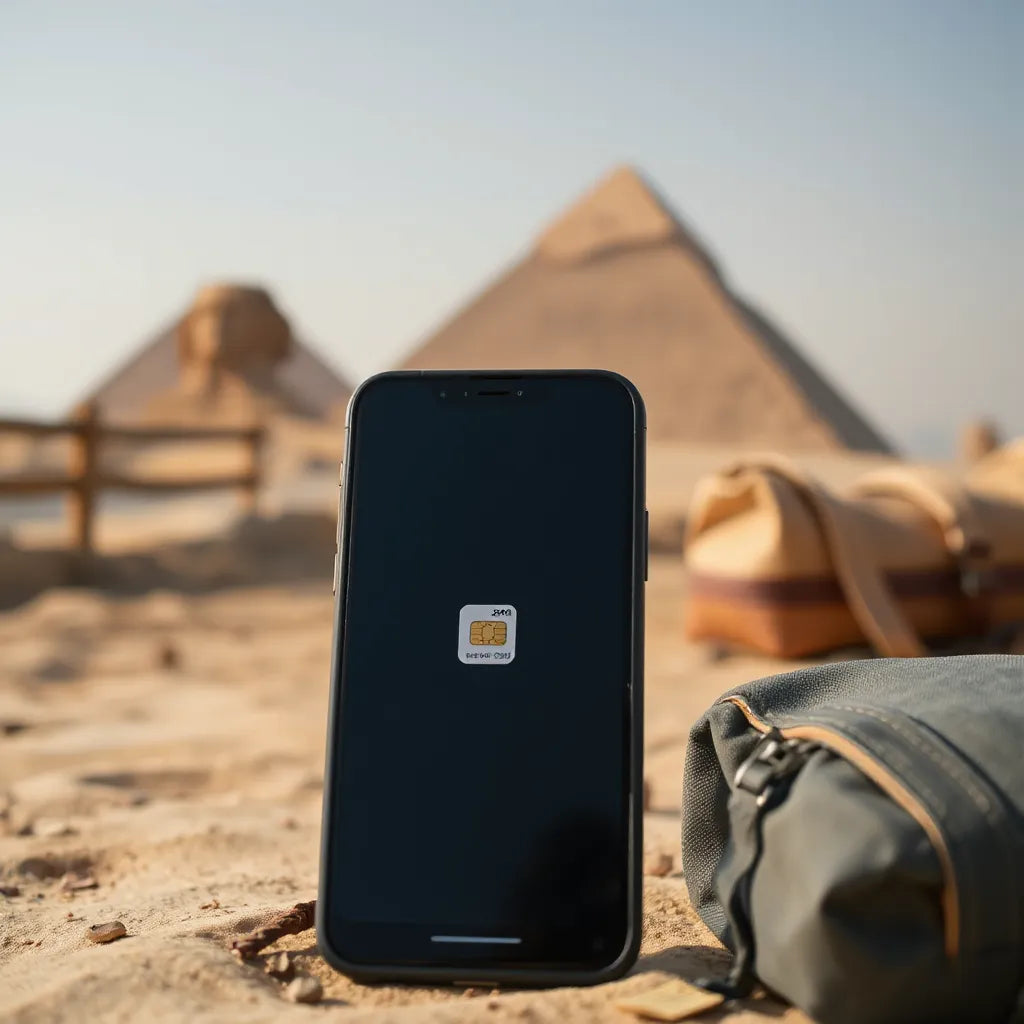 Smartphone with connectivity status in front of the Pyramids, with travel essentials nearby