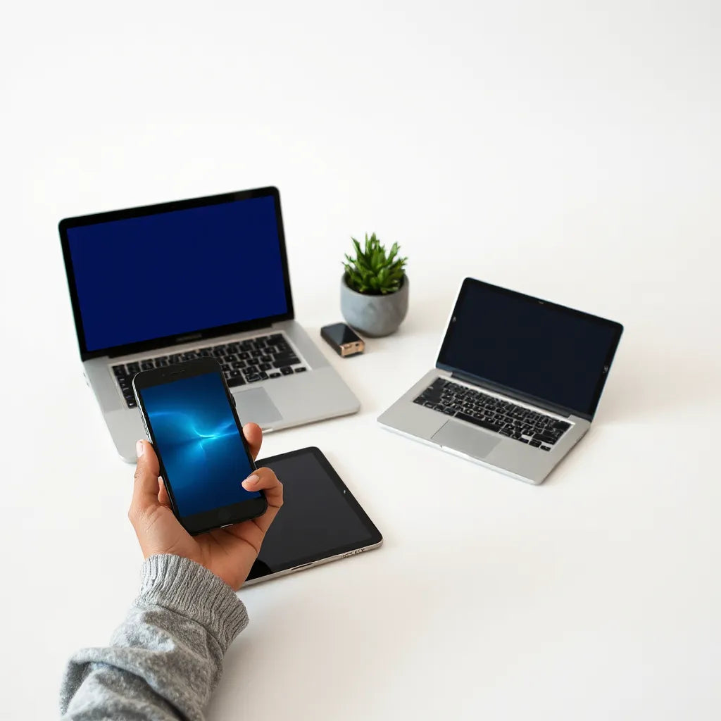 Smartphone, tablet, and laptop connected with subtle glow lines on a clean desk