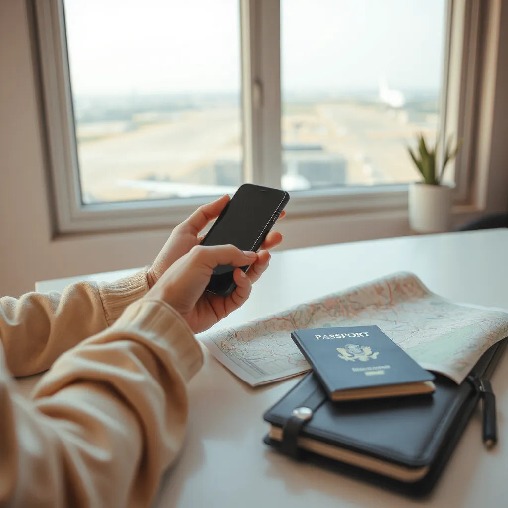 Smartphone and passport on a desk beside a folded map, with travel planning in soft daylight