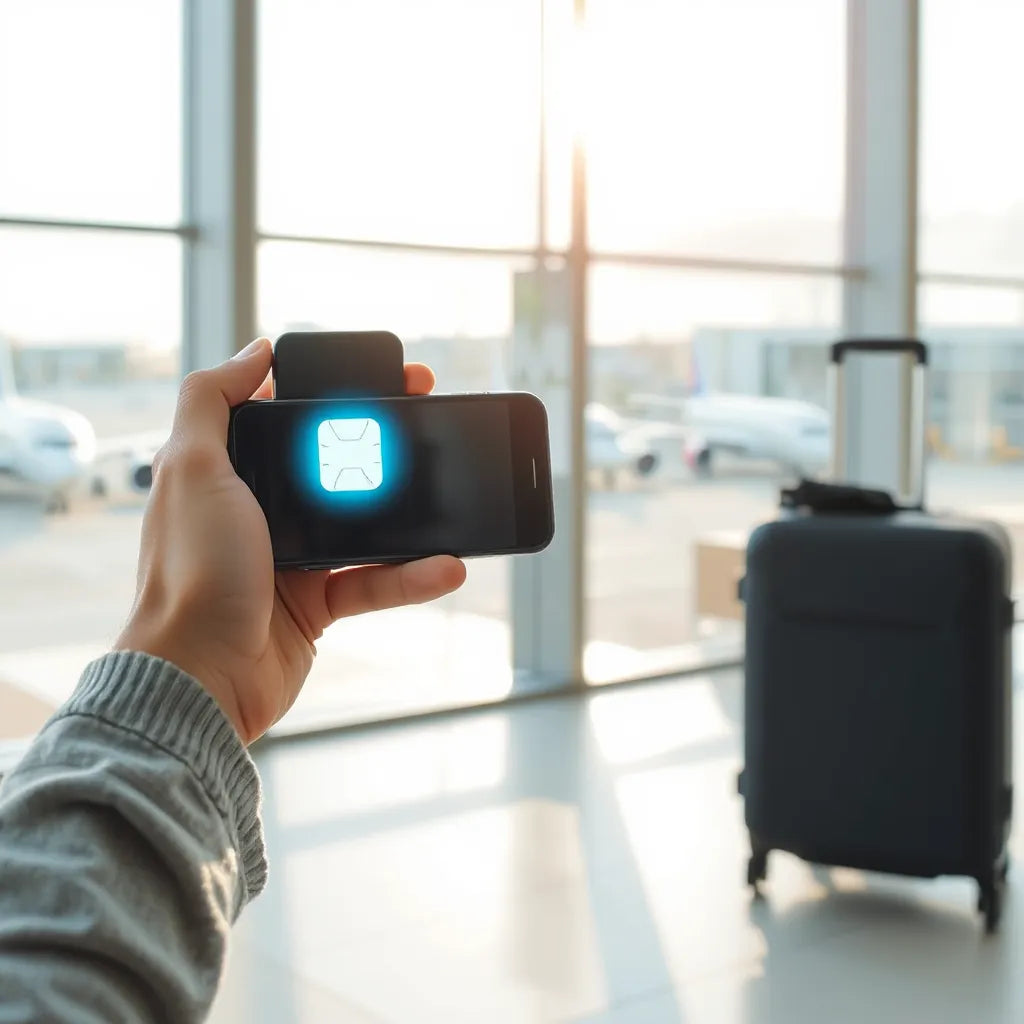 Traveler with a smartphone showing network connectivity beside a suitcase at an airport terminal