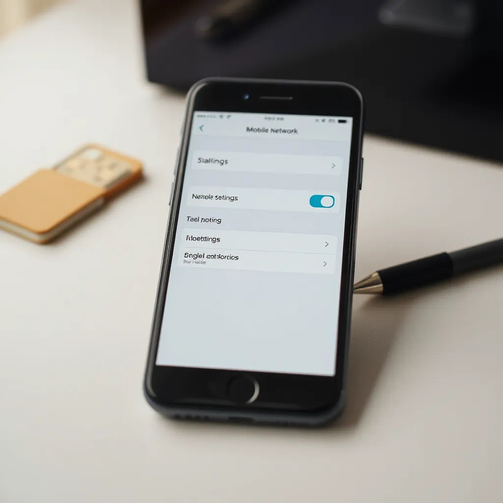 Smartphone near a SIM card slot with a clean mobile network settings screen