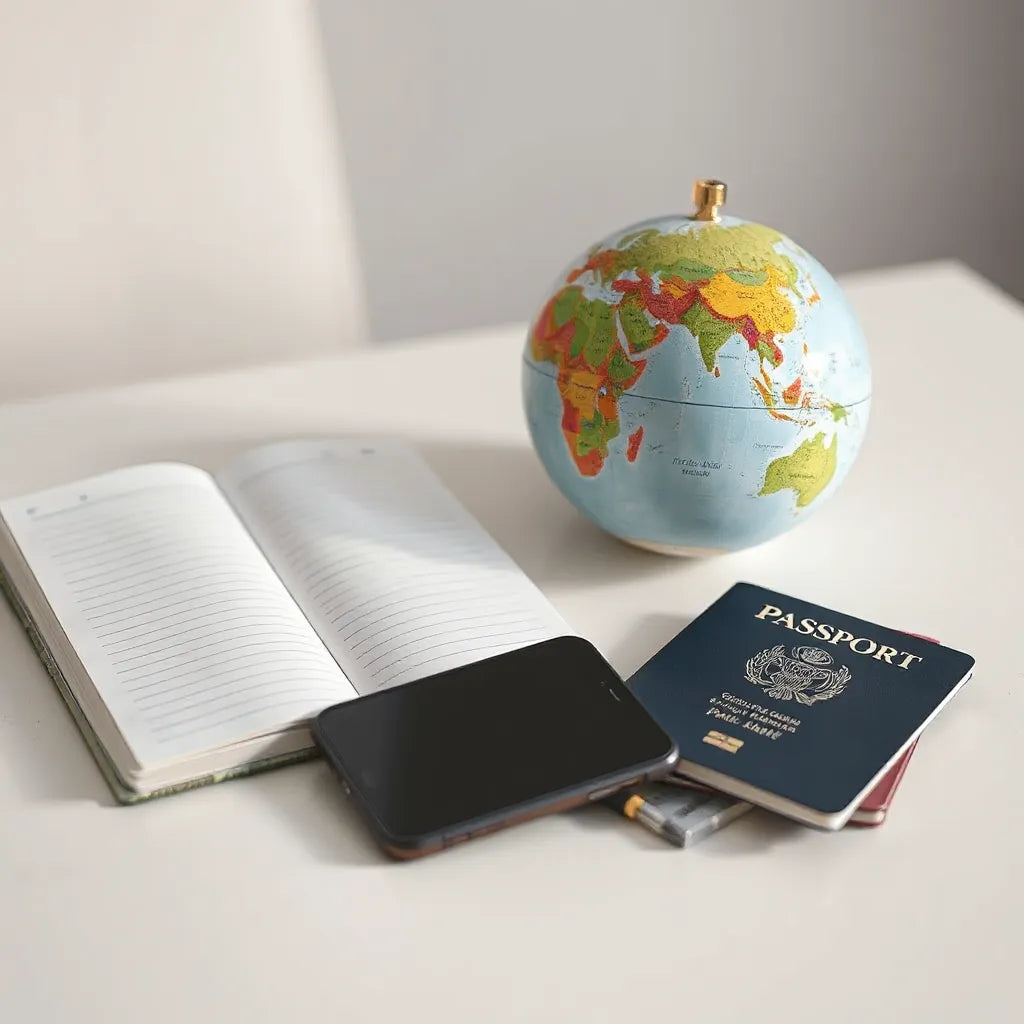 Smartphone and passport on a desk with a globe indicating multi-country eSIM connectivity