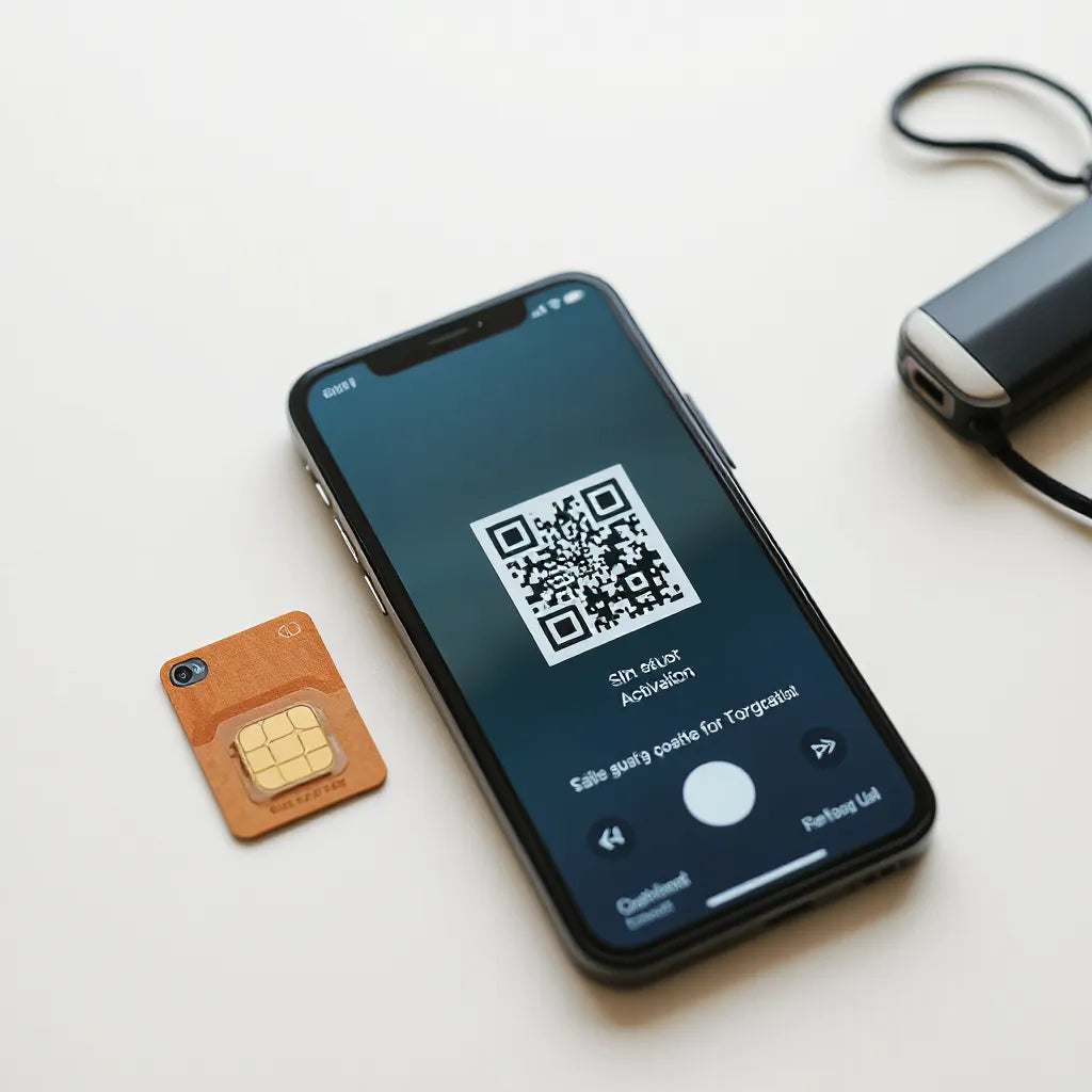 Smartphone scanning a QR code for eSIM activation beside a travel card on a clean desk