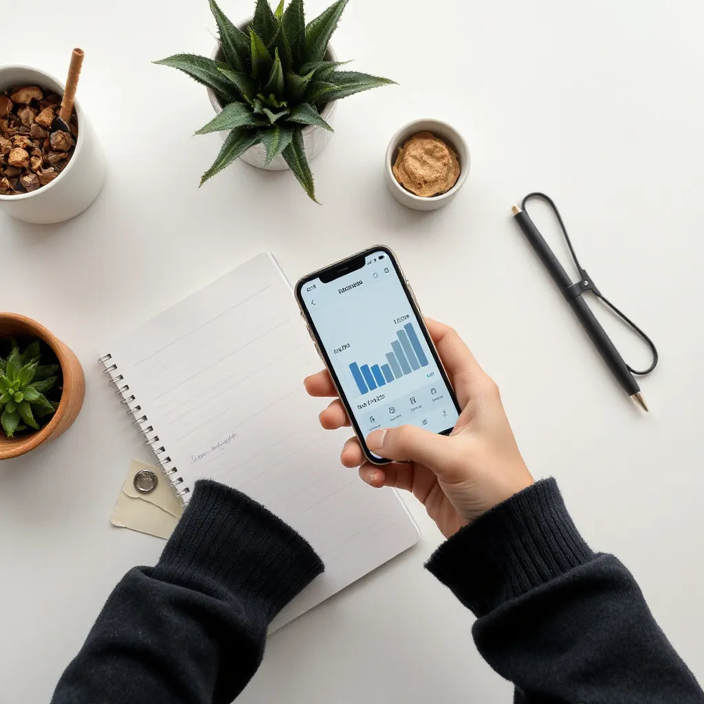 Person reviewing mobile data usage on a smartphone next to a blank notepad and simple map