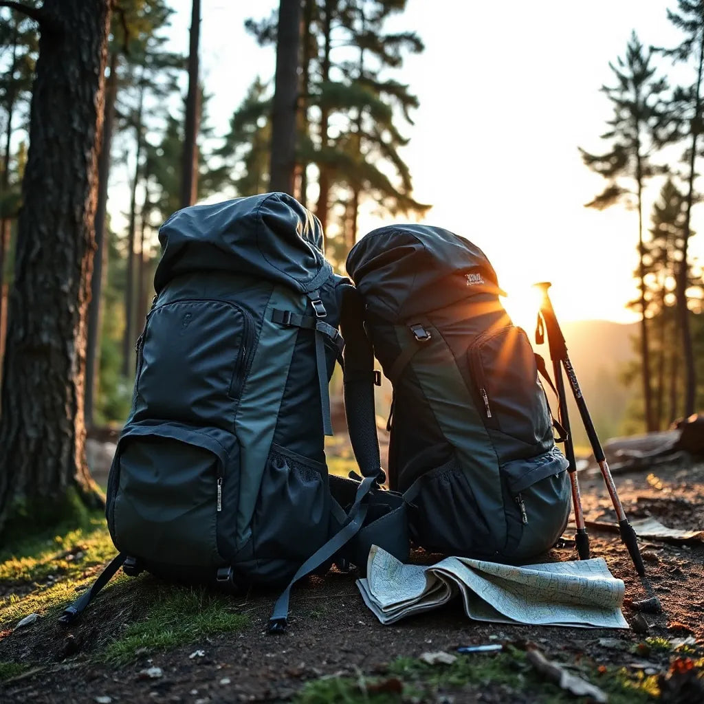 Durable hiking backpacks on a forest trail with reinforced fabric and trekking gear nearby