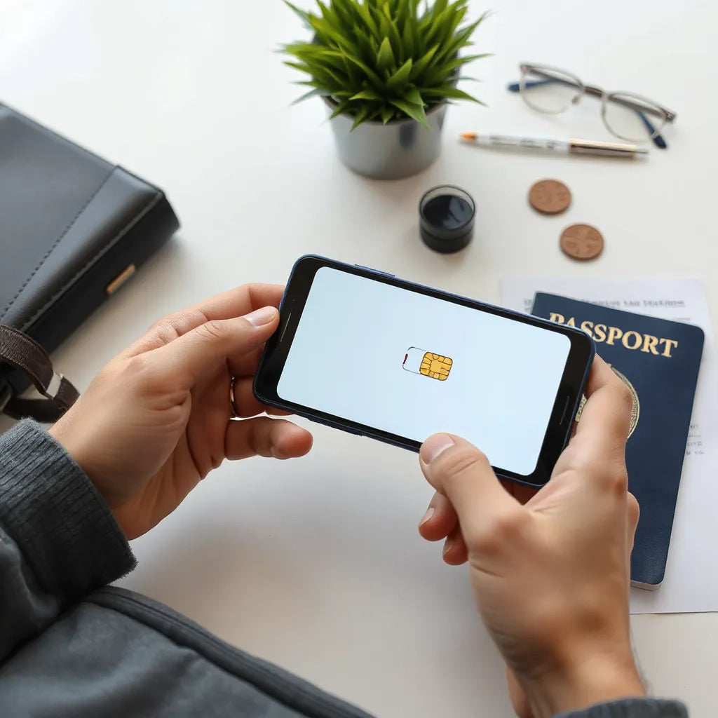 Traveler’s smartphone ready for instant eSIM activation next to passport and travel documents