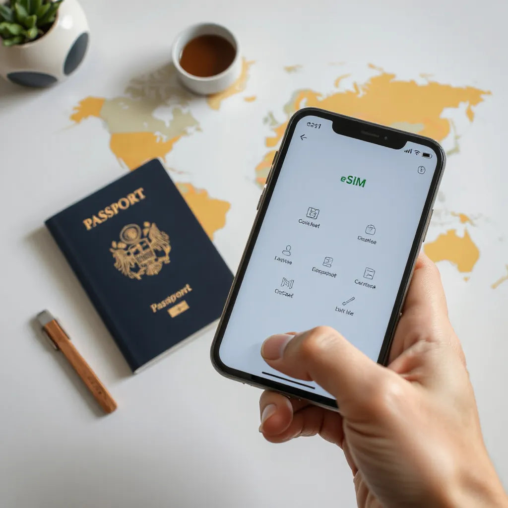 Smartphone showing an eSIM connection interface beside a passport and a subtle world map