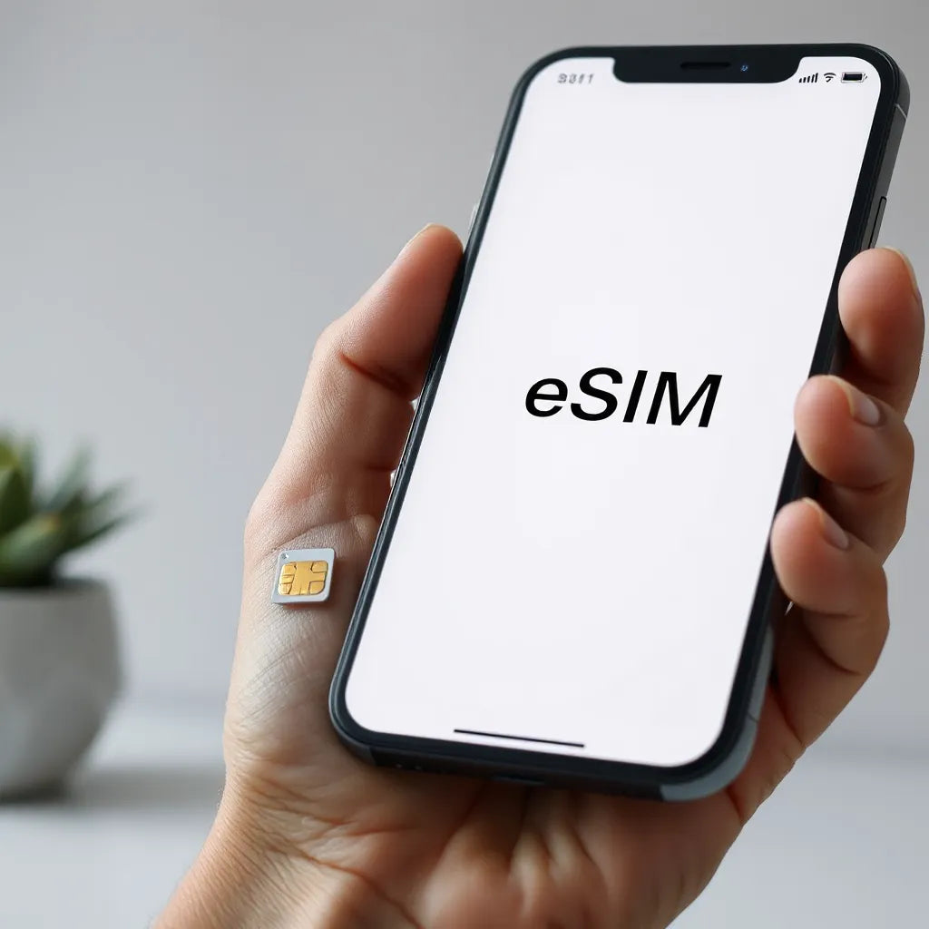 Smartphone displaying an eSIM connection indicator with a SIM chip card on a clean background