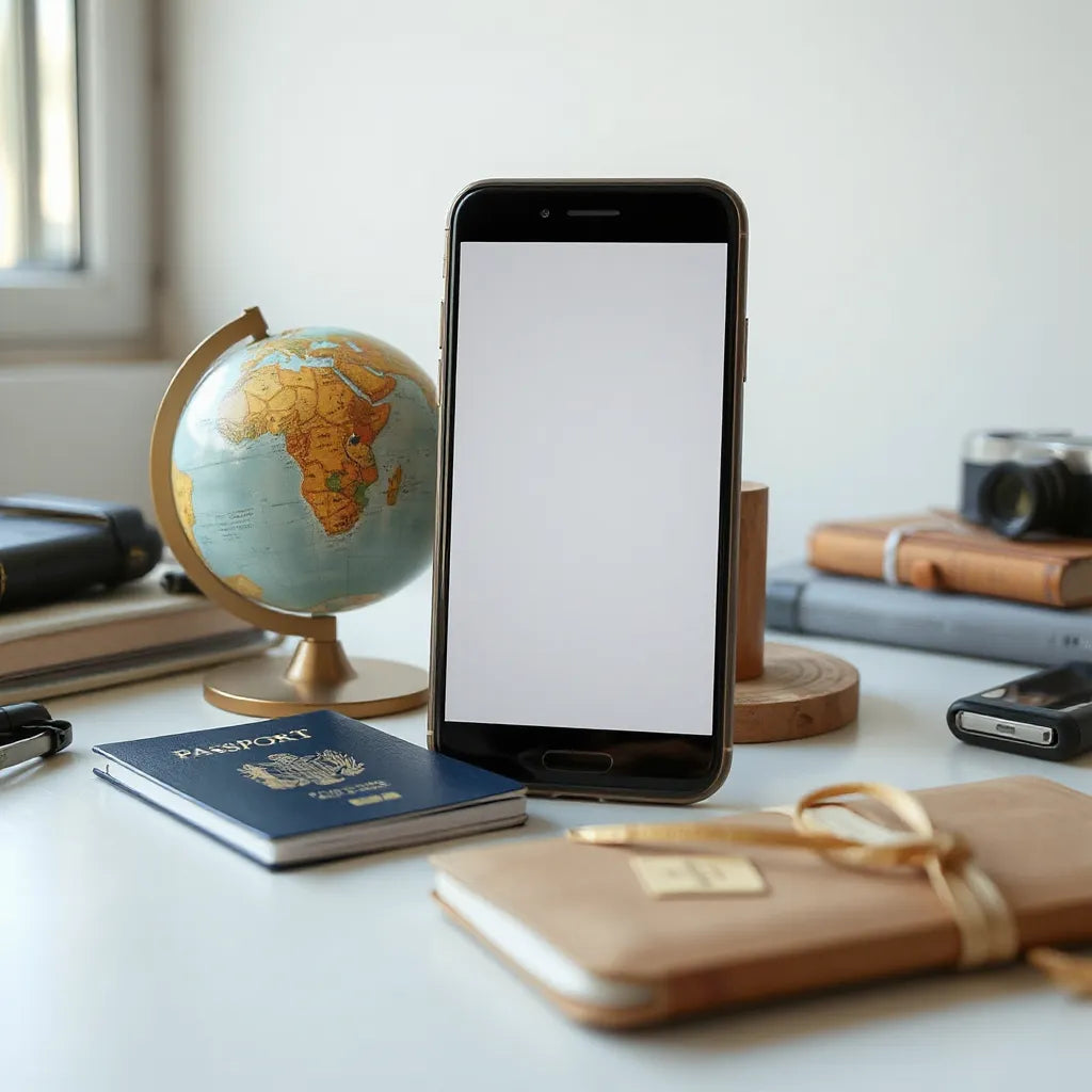 Smartphone near a small globe and minimal travel items, suggesting affordable international mobile data