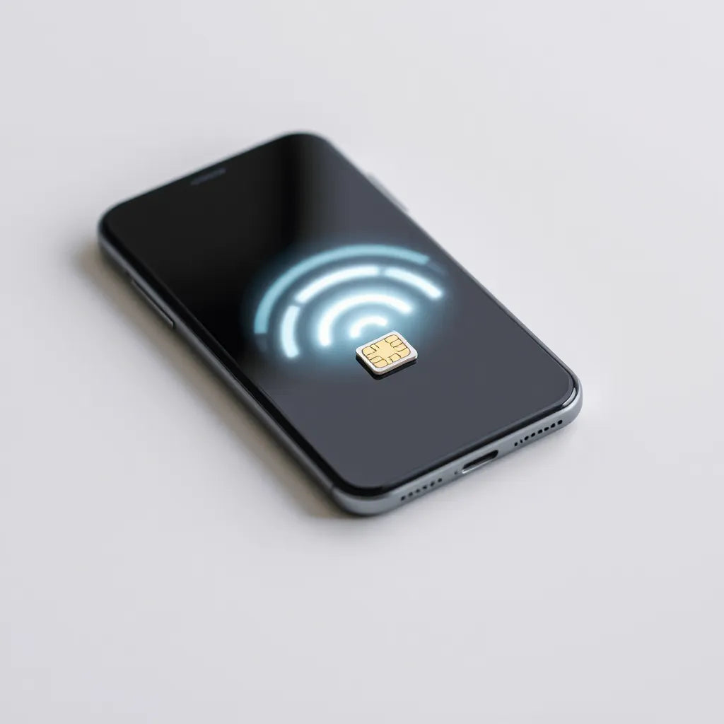 Modern smartphone showing a clean wireless connection concept for eSIM setup and activation