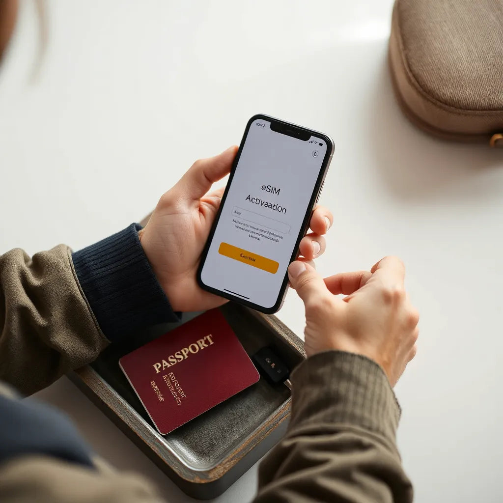 Traveler’s smartphone displaying a generic eSIM activation screen alongside travel essentials