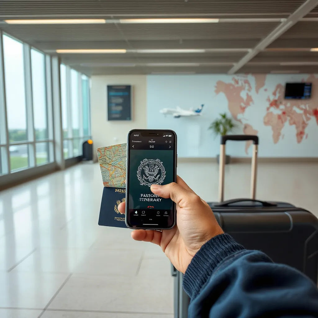 Traveler with passport and map near an airport, preparing for trips to international destinations