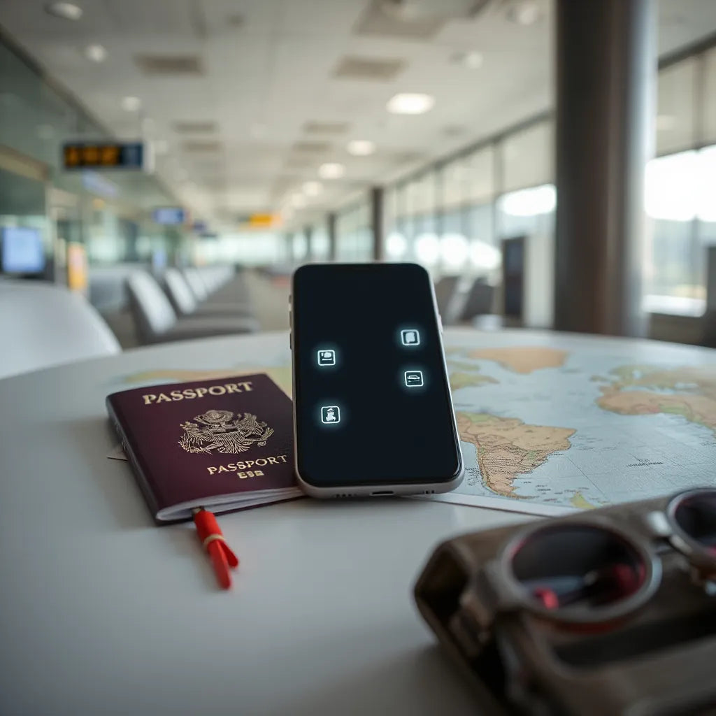 Smartphone on a travel table with a passport and map, with subtle network signal points in the background