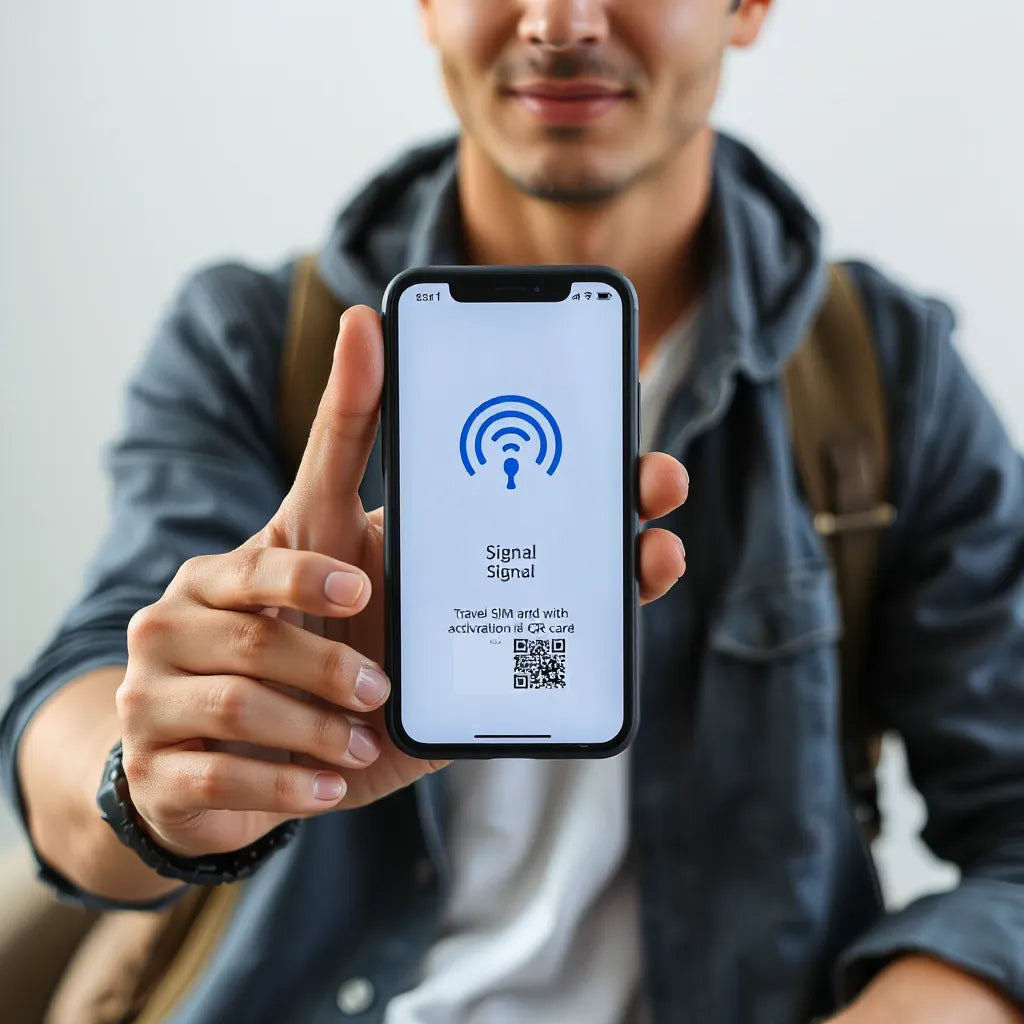 Smartphone ready for instant eSIM activation with connectivity icons and a QR card nearby