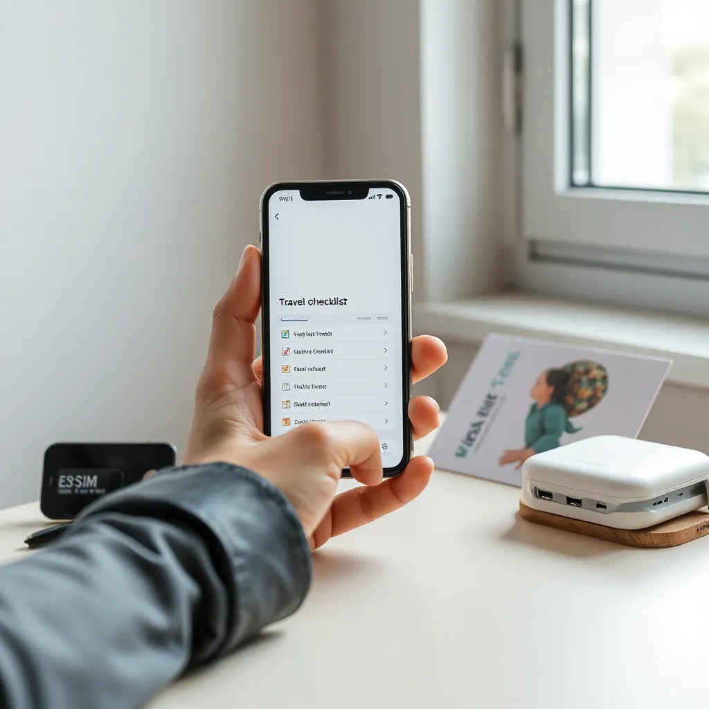 Smartphone and travel accessories on a desk suggesting affordable eSIM connectivity