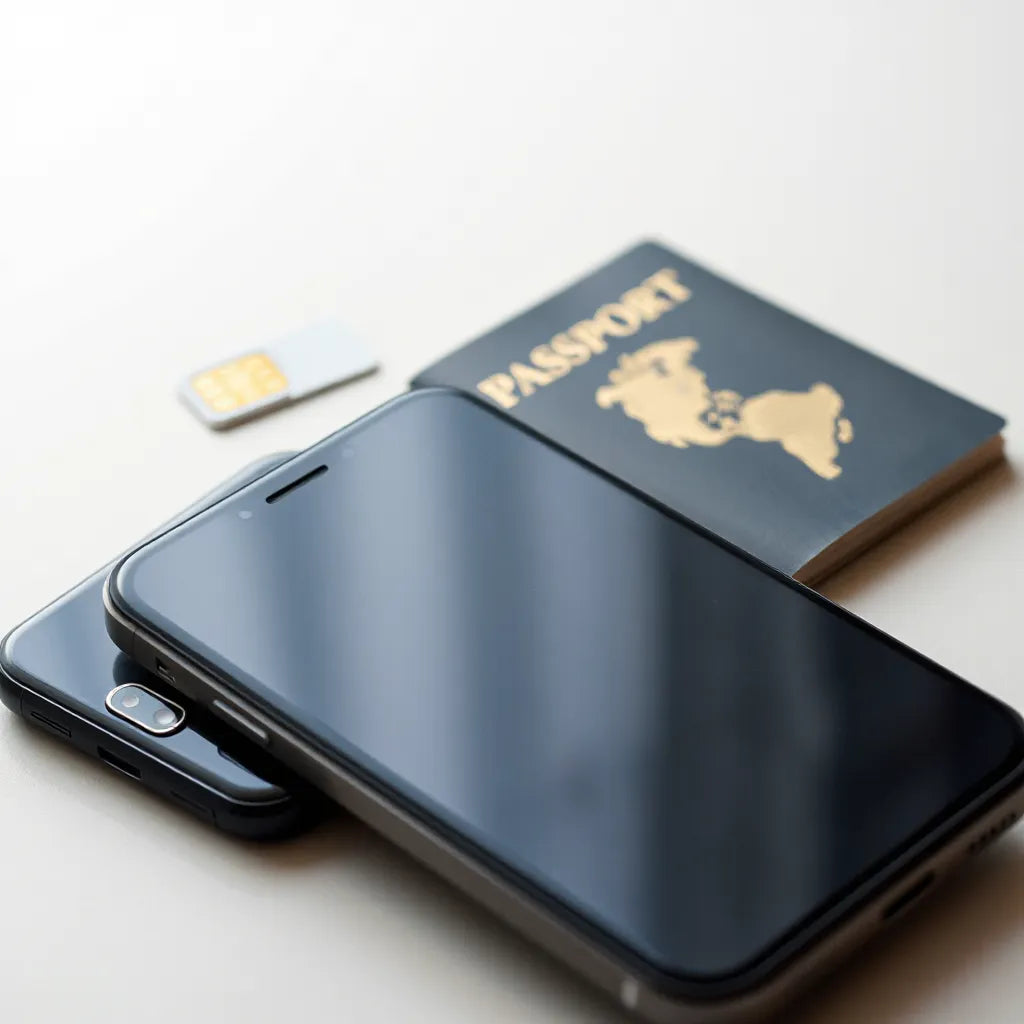 Smartphone and travel essentials on a desk with subtle connectivity signals, suggesting easy eSIM benefits