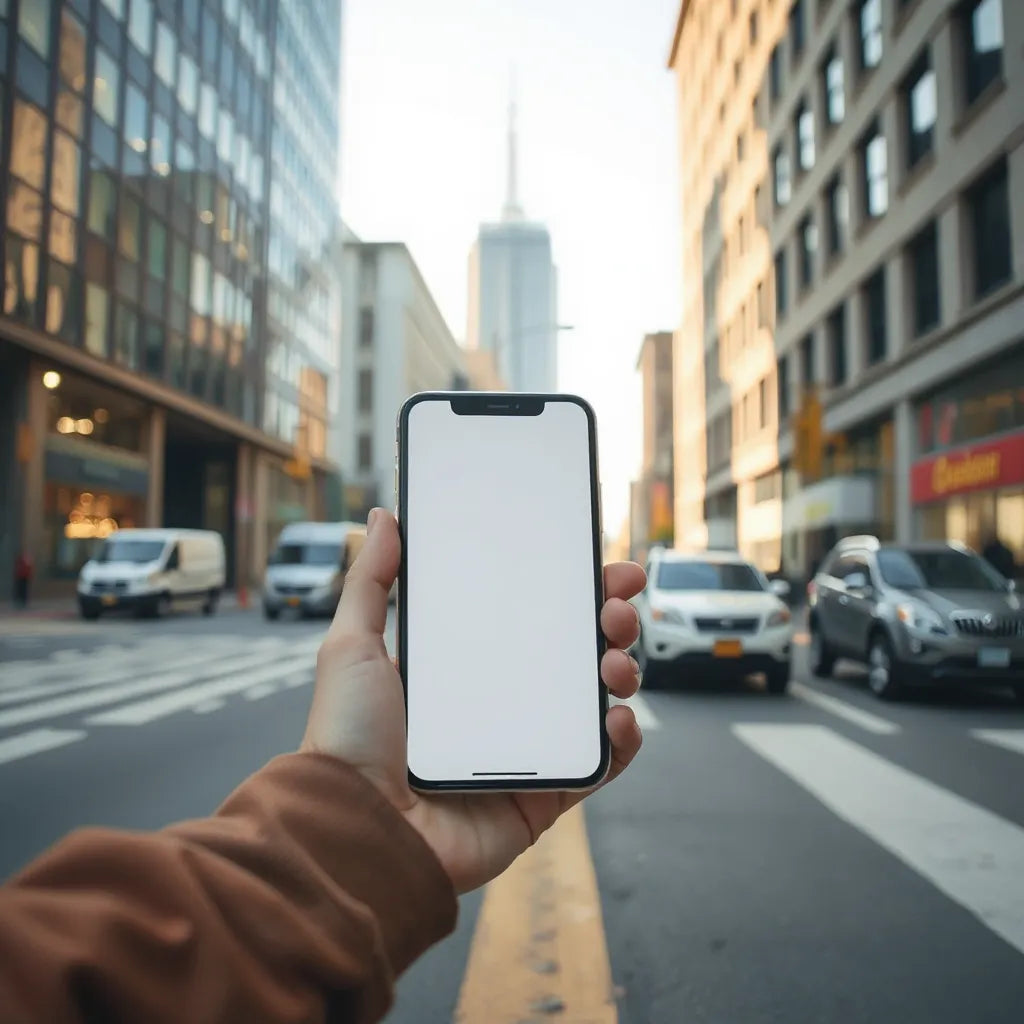 Smartphone showing strong signal with subtle fast data visual while held in a city street