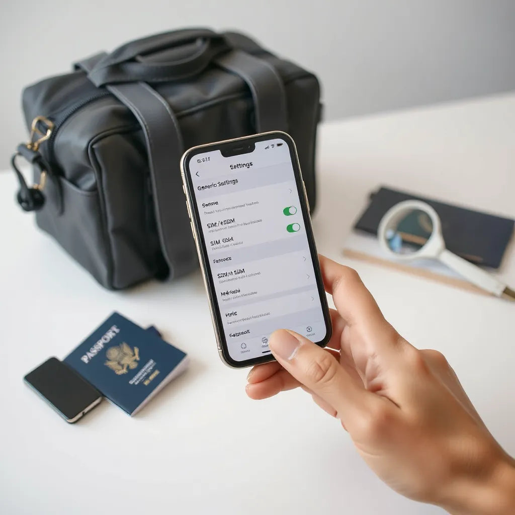 Hand holding a smartphone displaying a generic eSIM-related settings option near travel documents