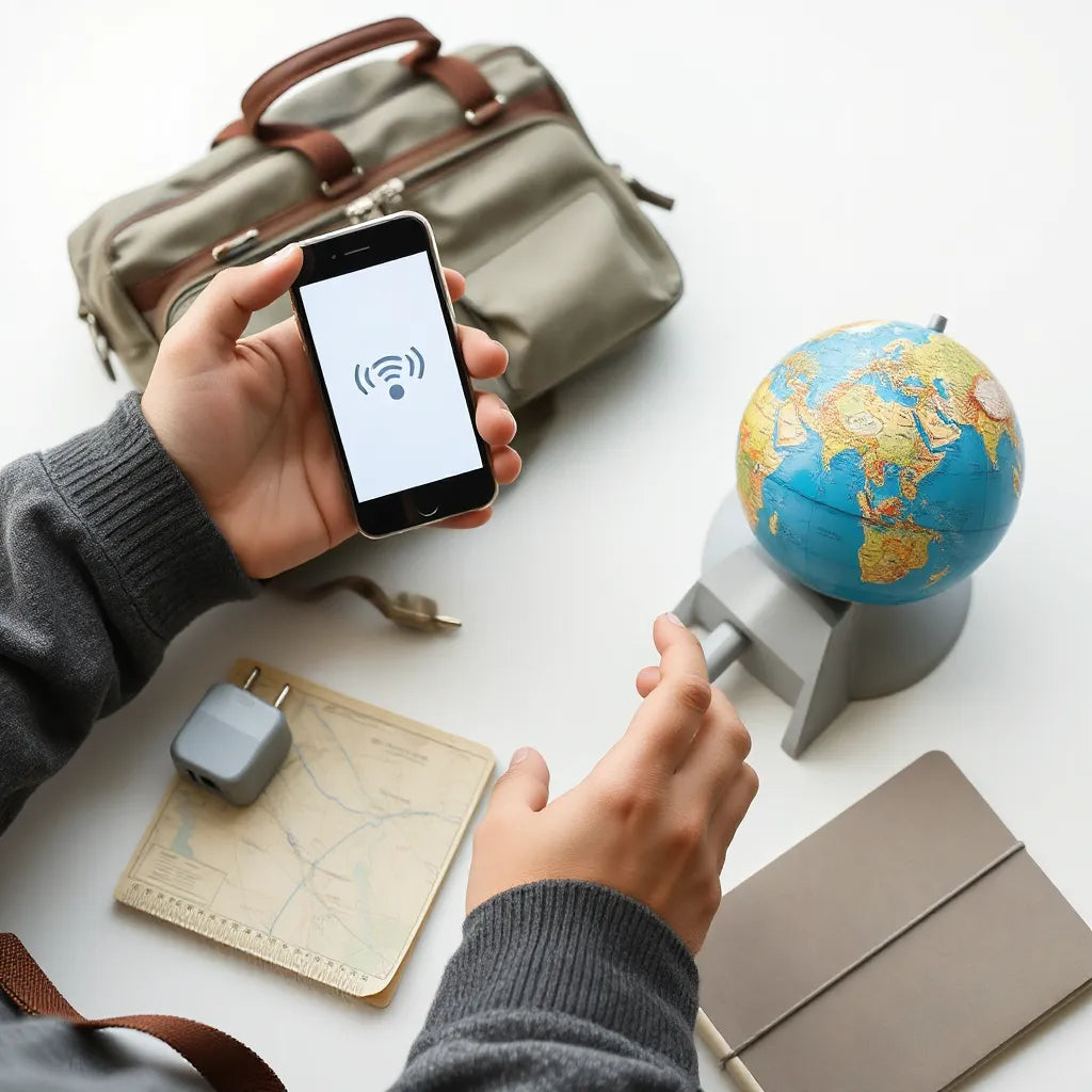 Traveler reviewing a phone for international data, with a globe and travel accessories on a clean table.