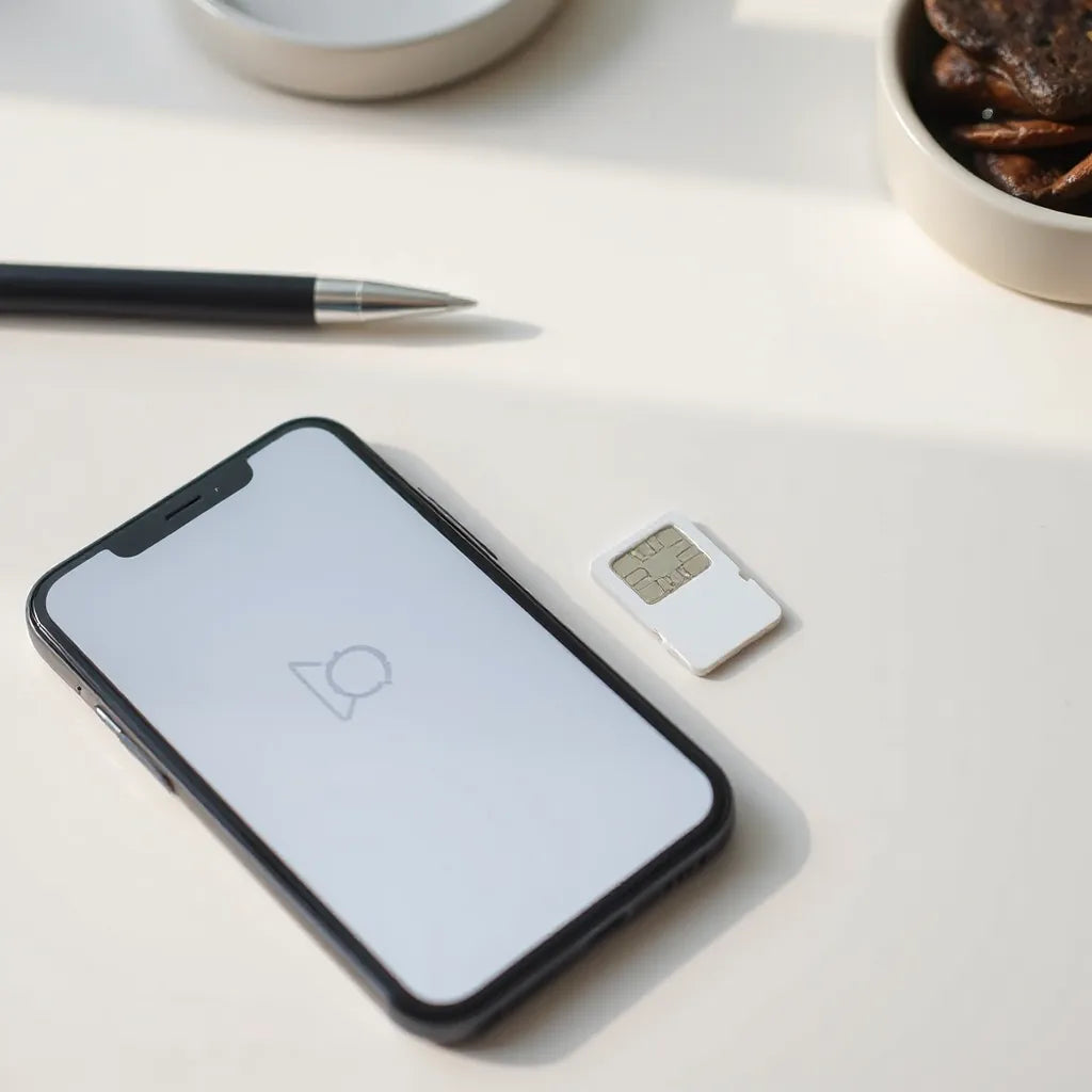 Smartphone with connectivity icons next to a generic SIM card and slim eSIM adapter on a clean desk