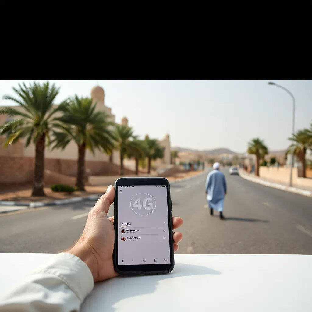 Person using a smartphone with strong 4G signal near Omani buildings and desert scenery