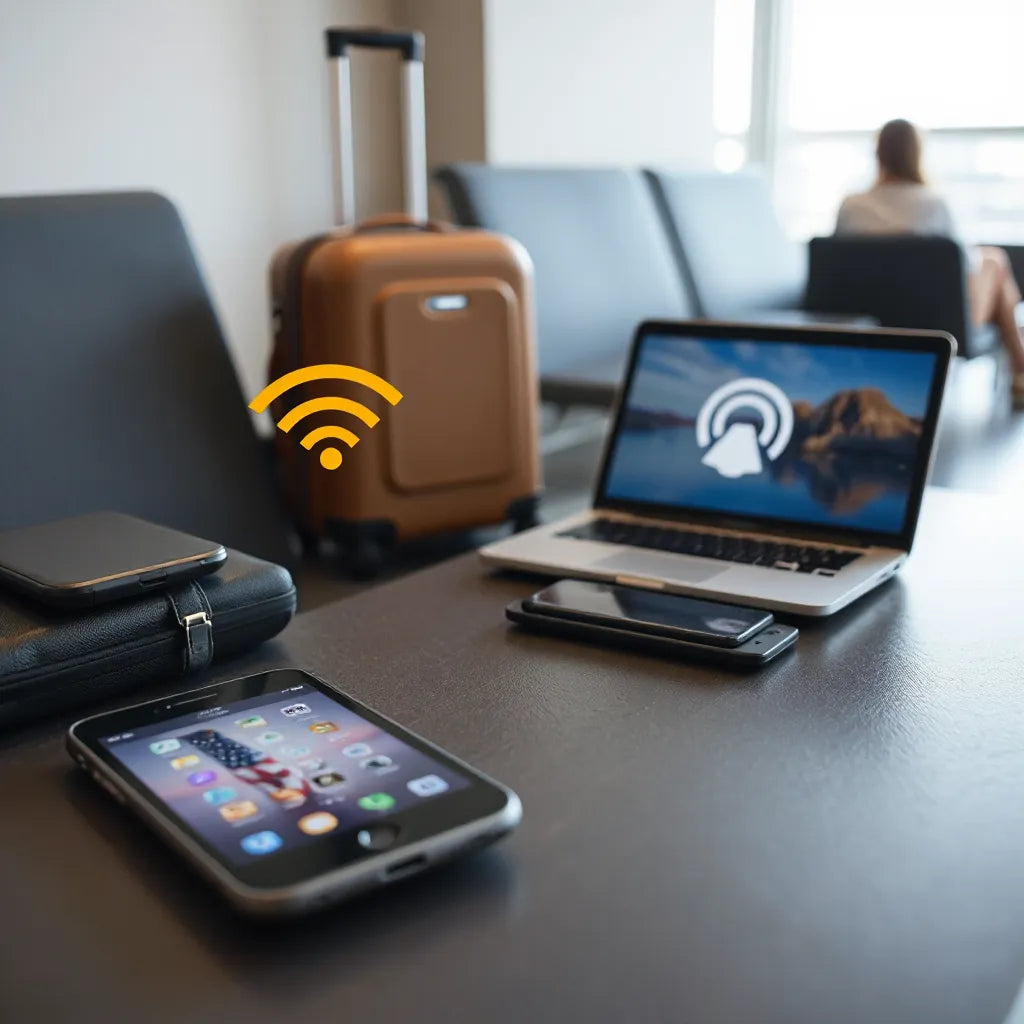 Smartphone sharing mobile data to nearby tablet and laptop in an airport lounge setting