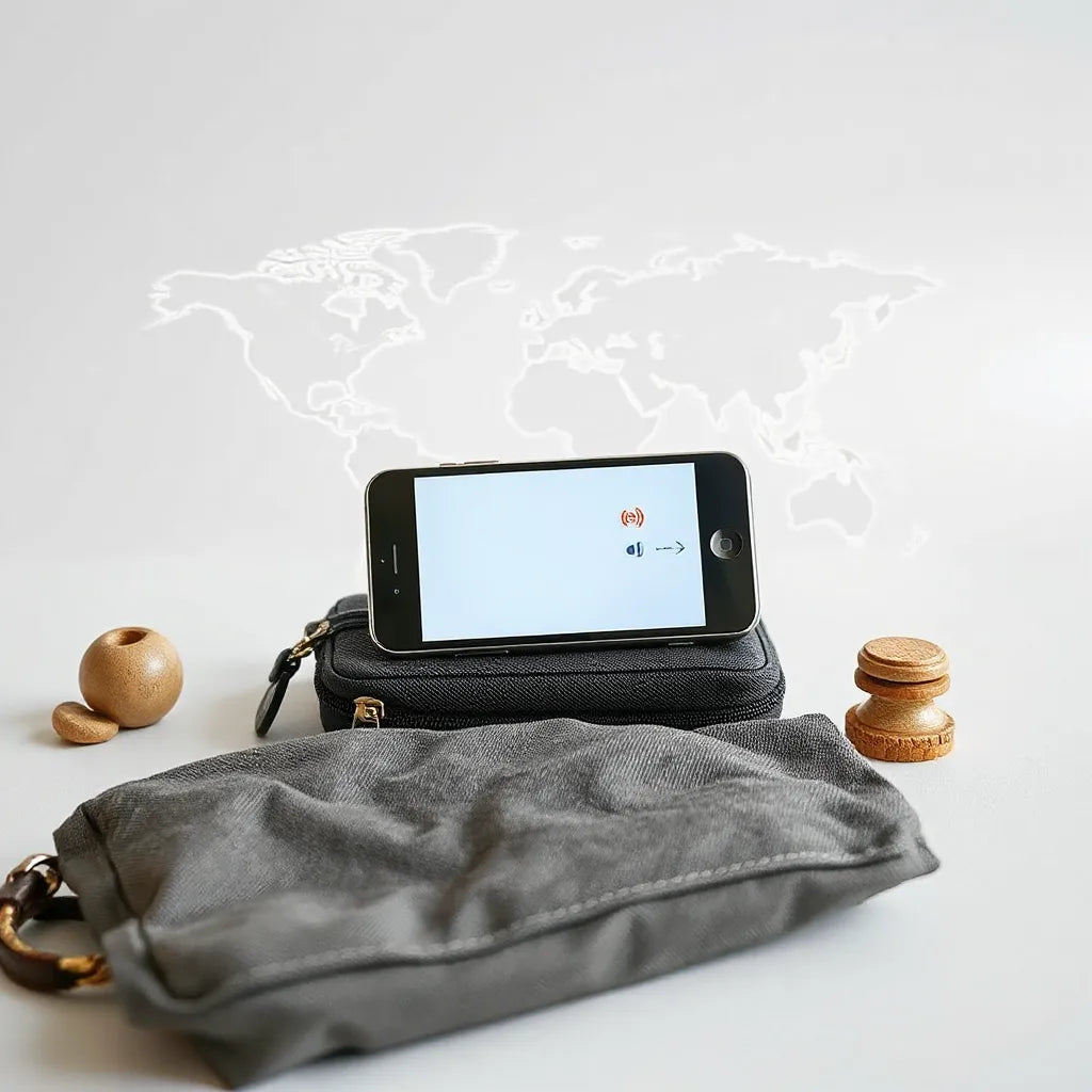 Smartphone with roaming signal icon and a subtle world map glow for international eSIM coverage context