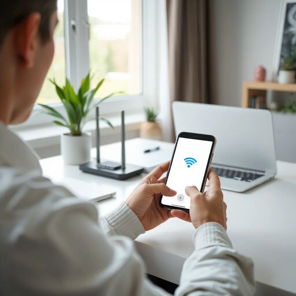 Person using a smartphone for high-speed mobile data at a clean home workspace