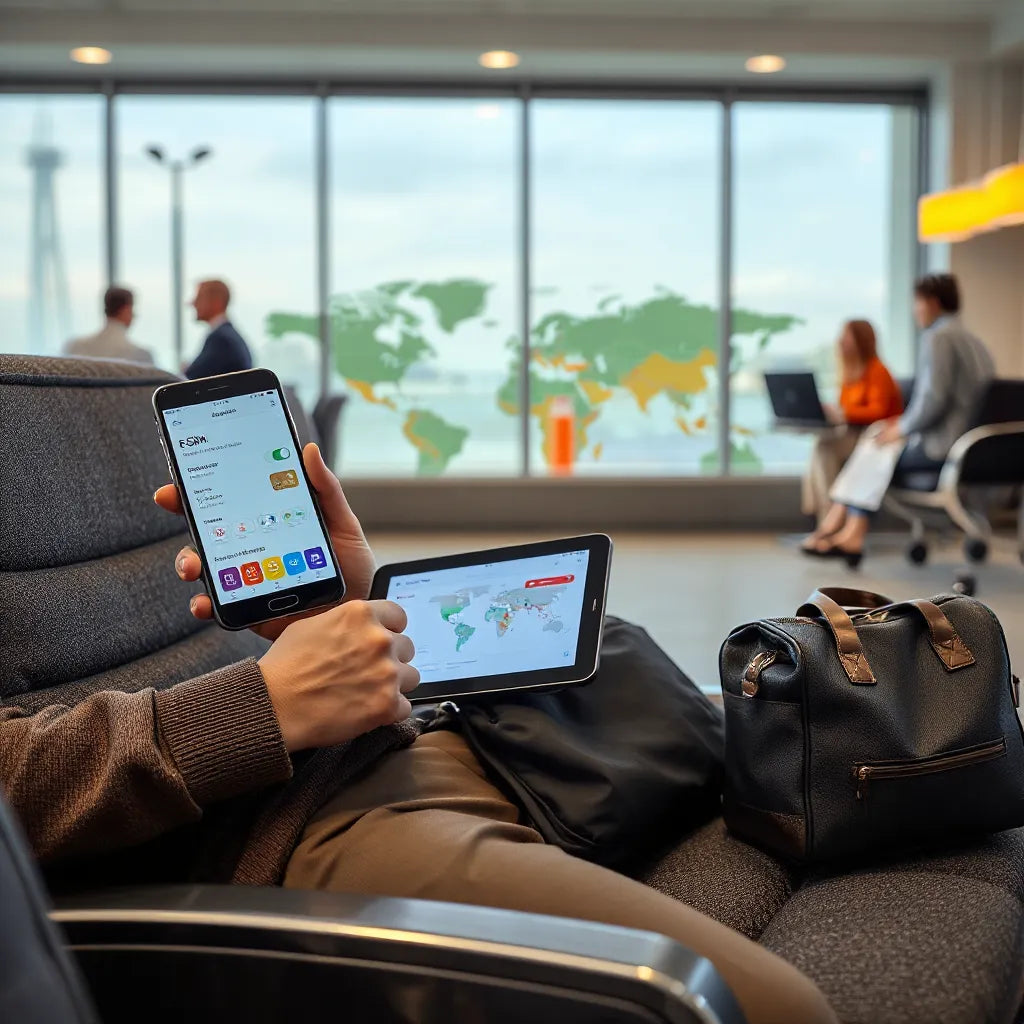 Traveler reviewing eSIM data options on a smartphone with coverage map on a tablet