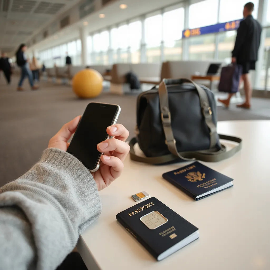 Traveler holding a smartphone while planning affordable data options for international trips