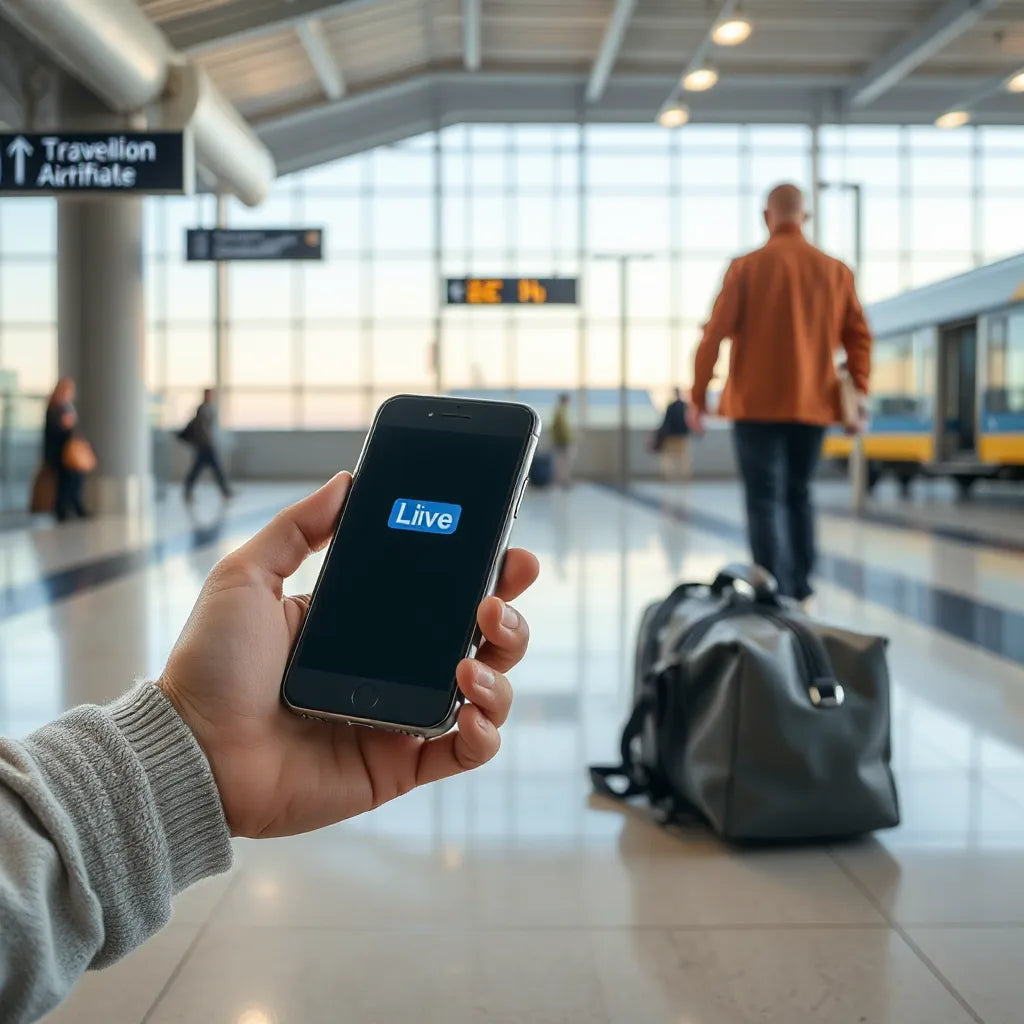 Traveler holding a smartphone while planning mobile data use at an airport station