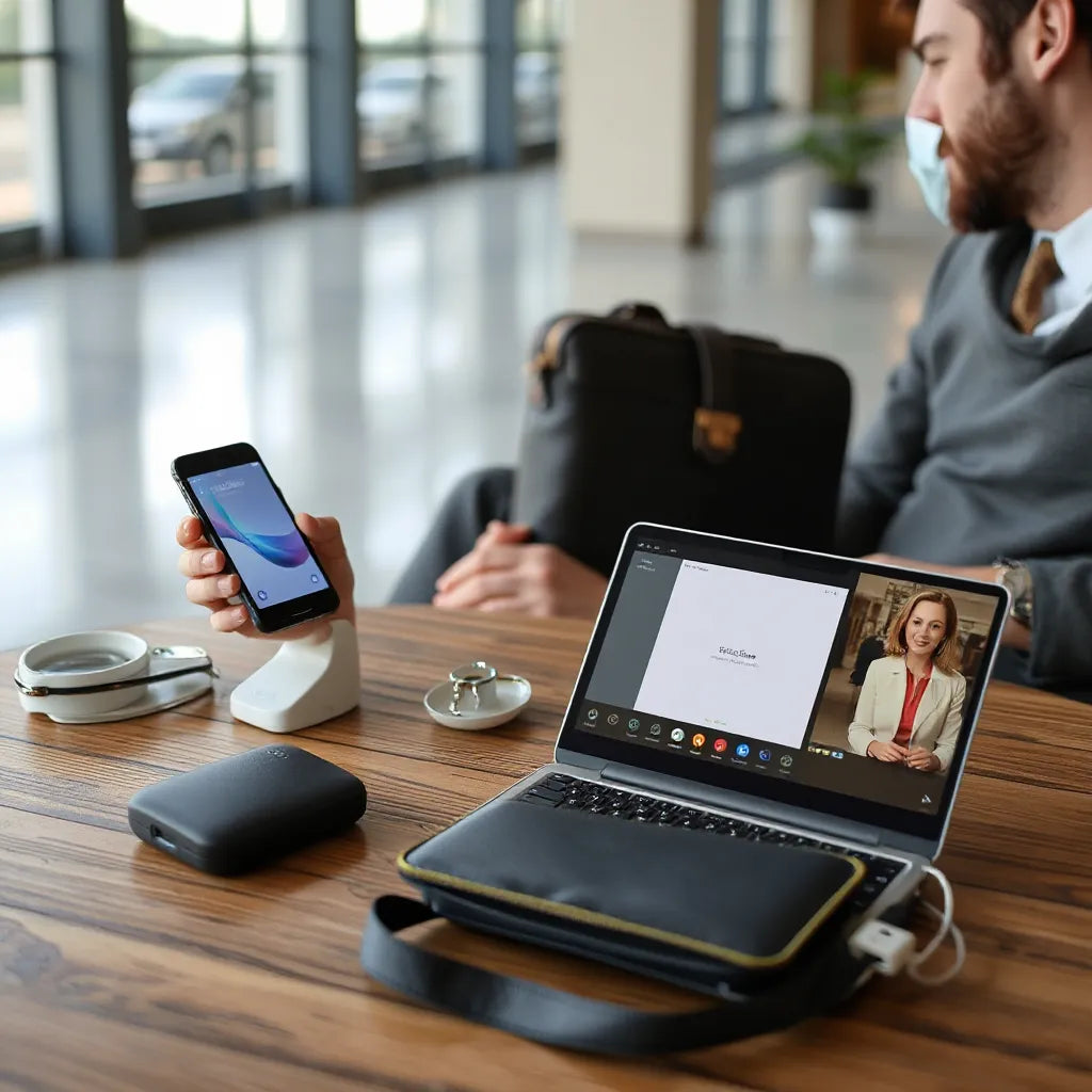 Business traveler using phone and laptop with reliable connection in an airport lounge