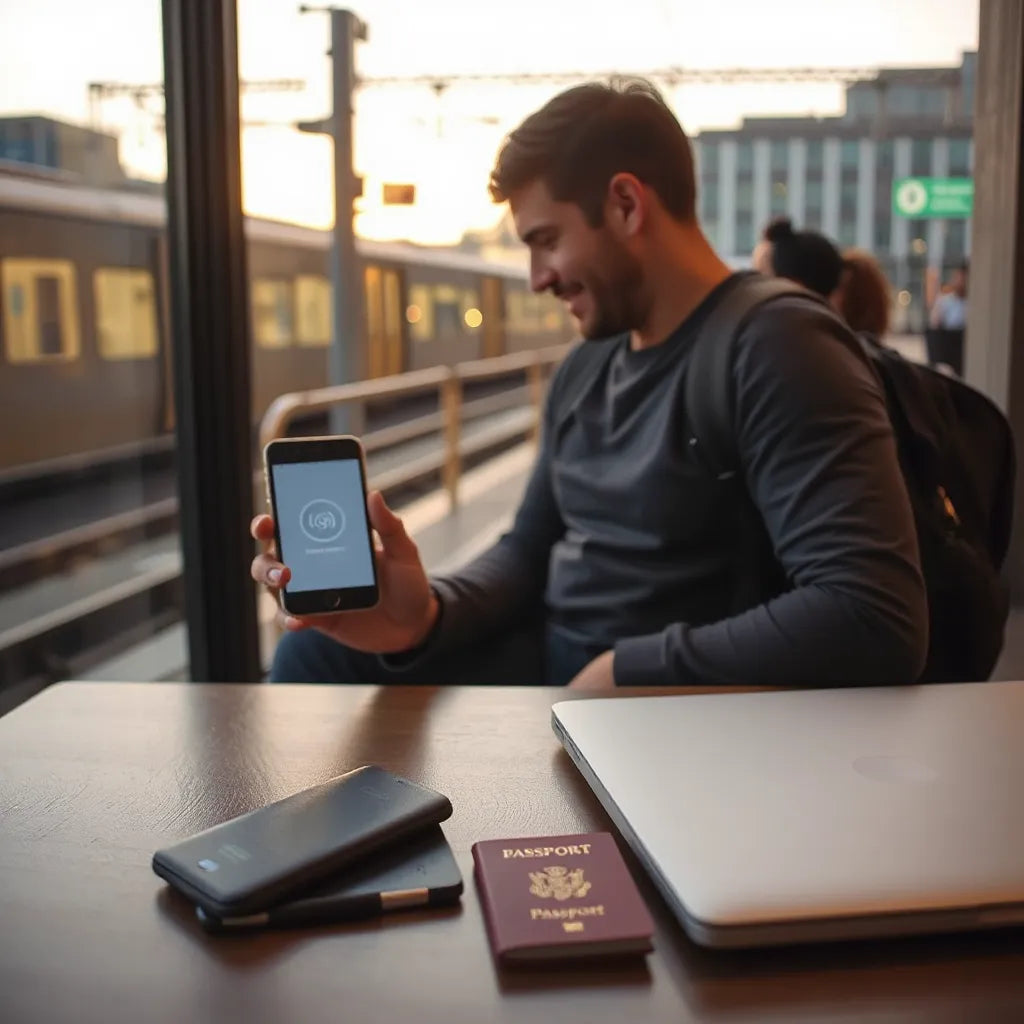 Traveler using a smartphone for reliable connectivity while planning trips at a café table