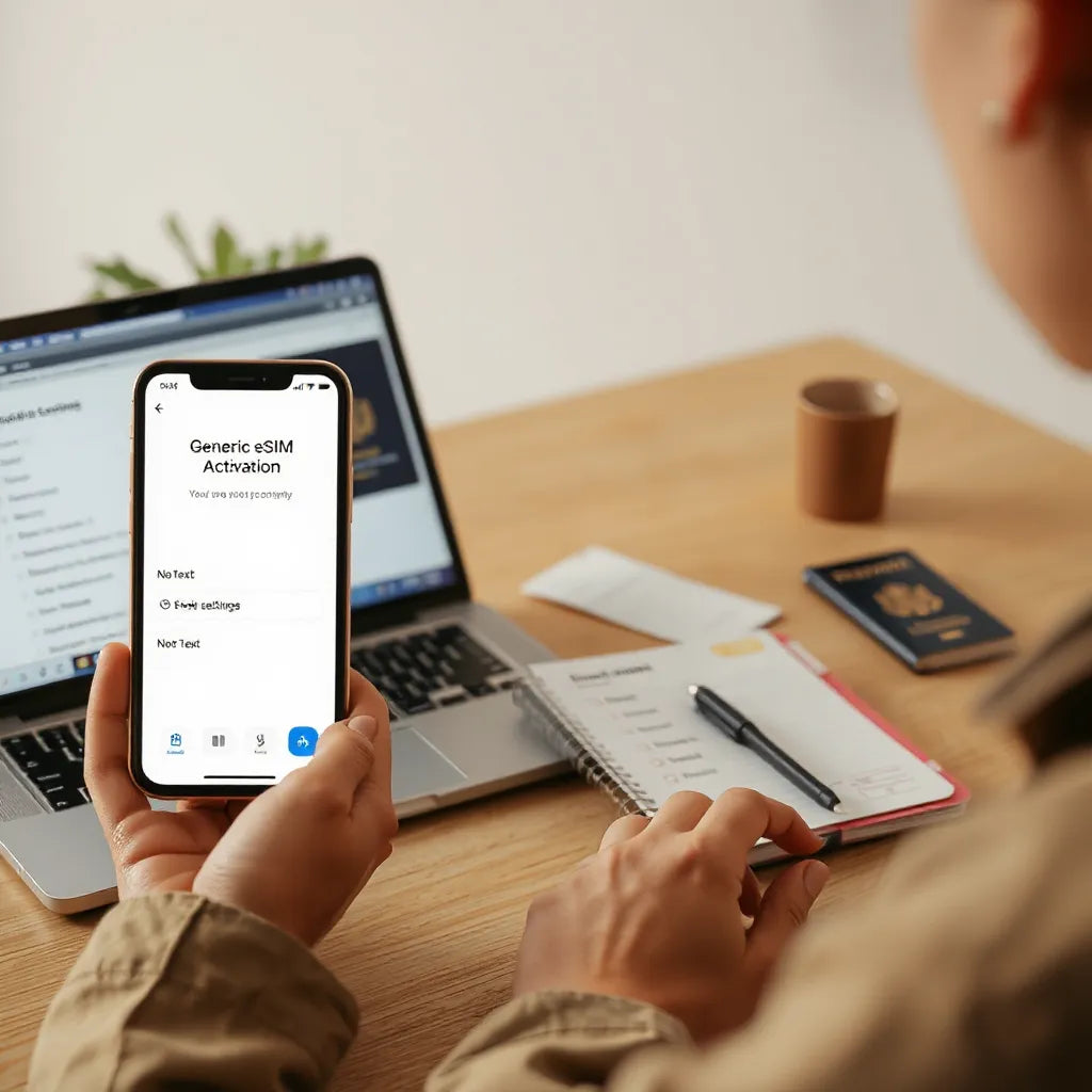 Traveler setting up an eSIM on a phone with a laptop and checklist on a desk