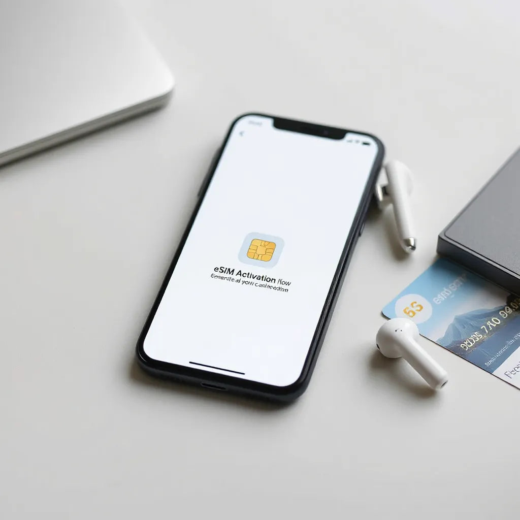 Smartphone on a desk with travel essentials, illustrating a smooth eSIM activation process