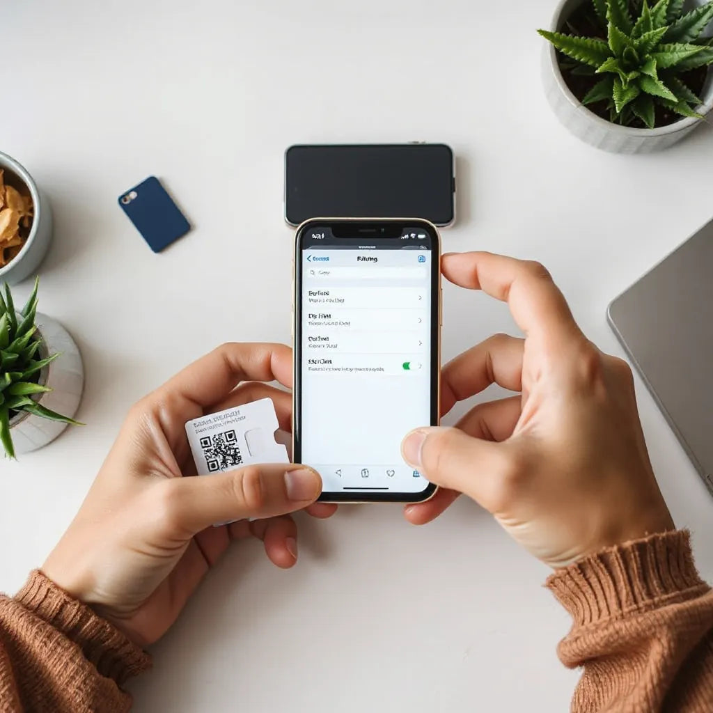 Hands installing an eSIM on a smartphone with a SIM settings screen and a QR code card nearby